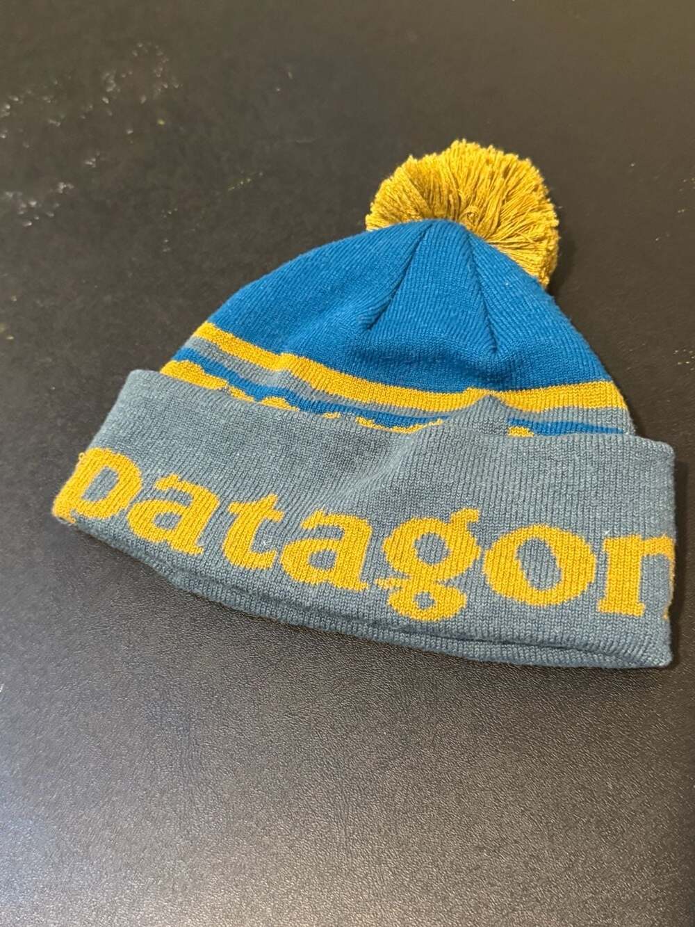 Patagonia Mountain Logo Pom Beanie Hat Blue Yellow